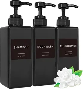 Shampoo and Conditioner Dispenser, Refillable Plastic Shampoo Pump Bottles with  Labels, Empty  Wash Dispenser Set for Bathroom, Shower Soap Bottles (Black, Set of 3, 16.9oz)