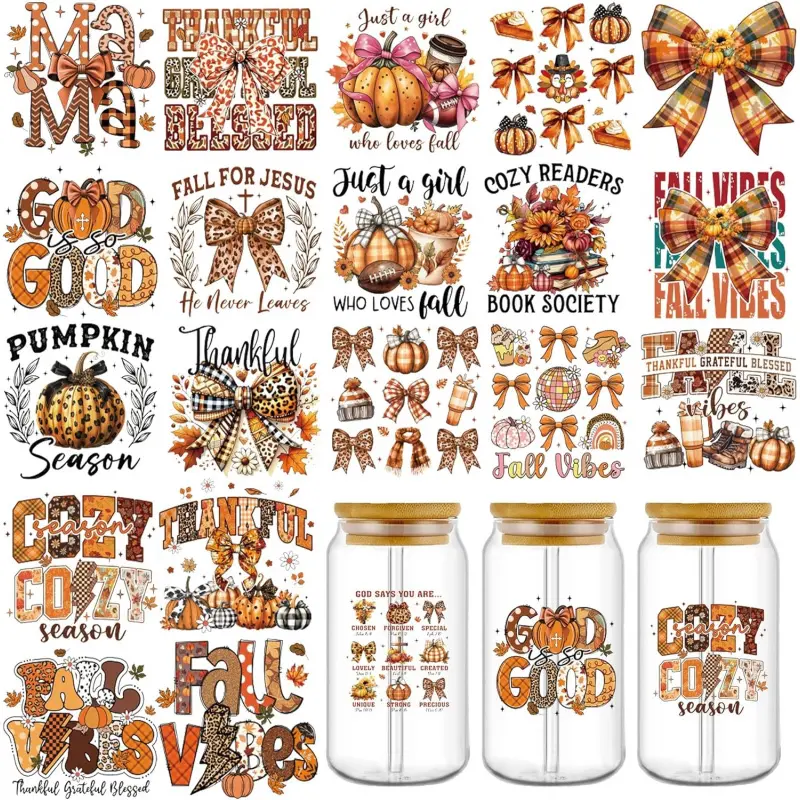 UV DTF Cup Wrap Transfer Stickers: 20 Pcs Fall Vibes Uvdtf Cup Wraps for 16 oz Glass, Pumpkin Season Transfer Stickers, Autumn Bow UV DTF Decals Waterproof Rub On Transfers for Women  DIY Crafts, Sticker Set