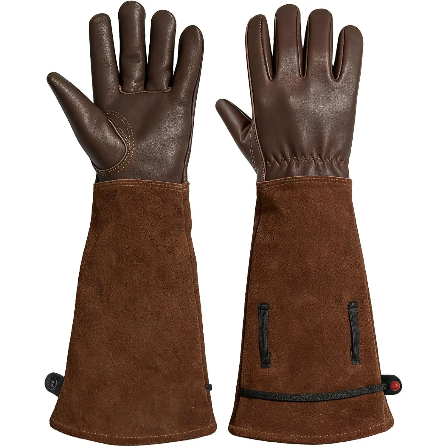 Women’s Cowhide Leather Garden Gloves, Long Elbow Cuff with Adjustable Strap, Sun Protection, Dirt-Resistant, Breathable, Small Size (Brown, S) for Gardeners, Dirt Resistance