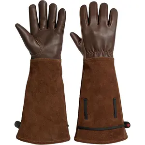 Women’s Garden Gloves, Long Elbow Cuff Adjustable Strap, Sun & Dirt Protection, Cowhide Leather, Breathable Comfortable for Gardening, Fit Small Hands for Gardeners (Brown, S)