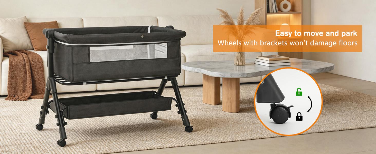 【SummerVibes】 Portable Baby Bed 6-in-1 - Foldable Crib w/ 6 Height Adjustments, Bedside Sleeper, Rocker & Bassinet + Storage Basket & Mattress & Ultra-Quiet Wheels , Nursery Must-Have Folding Sleeping Cot
