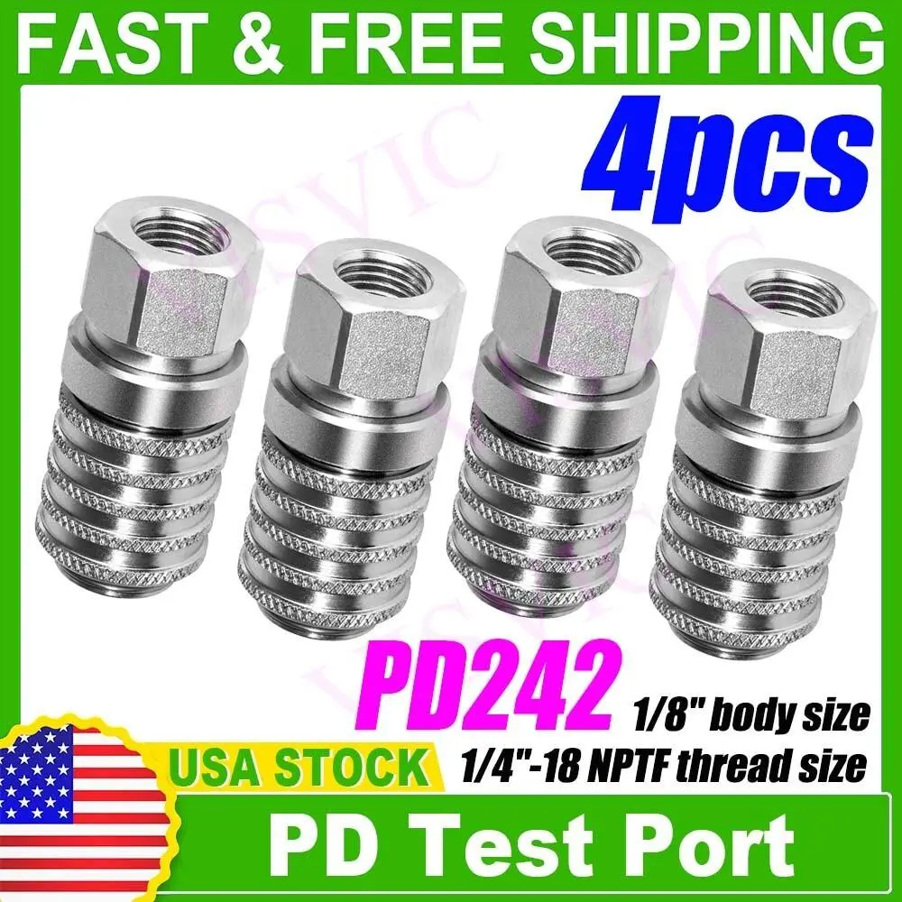 PD242 Series Steel PD Quick Coupling Female (4-Pack) - 1/8" Body, Knurled Sleeve, Push-to-Connect Test Port for Automotive Engine Repair Tools