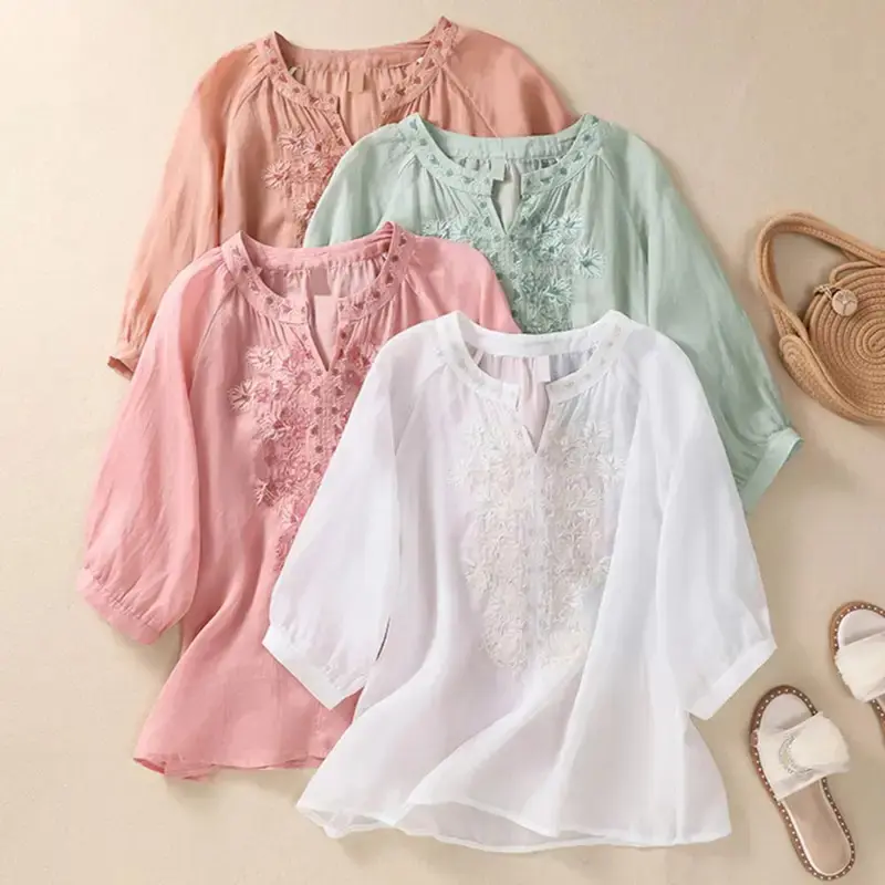 New(New)Cotton Linen Flower Embroidery Shirt  Three Quarter Sleeves V Neck  Casual Blouse Loose Solid Color Mother Blouse  Top Comfort Embroidered summer clothes women anji shoe