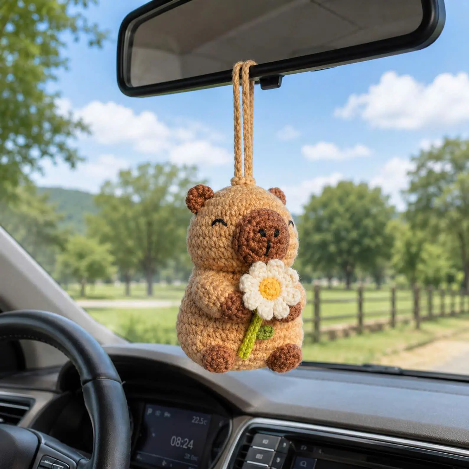 Crochet Capybara Car Hanging,Handmade Amigurumi Plush Keychain,Cute Animal Car Decor,Car Charm Gift