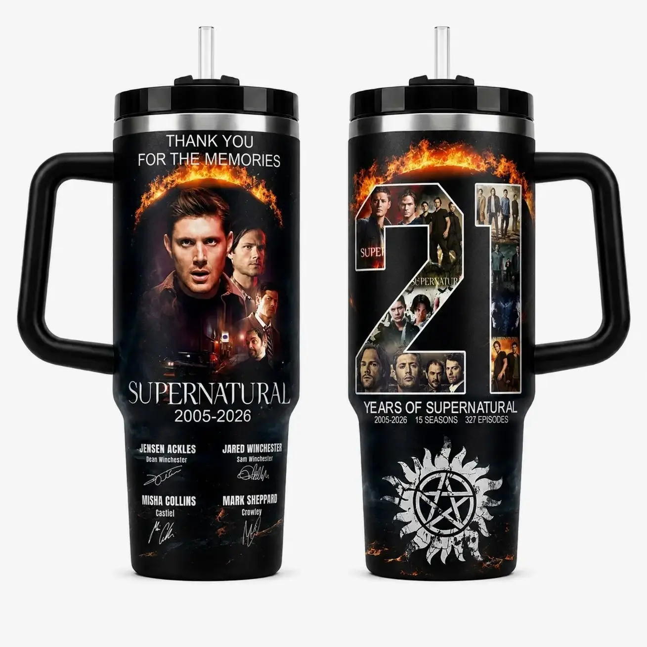 Supernatural Inspired Winchester Brothers Tumbler, 21st Anniversary Hunting Things Travel Cup, Stainless Steel Insulated Tumbler with Handle, Gothic Family Gift, 30oz 40oz
