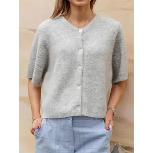 New round neck solid color short knit cardigan loose long sleeve top Women's Solid Color Cardigan Short Sleeve Round Neck Button Down Sweater Knit Tops