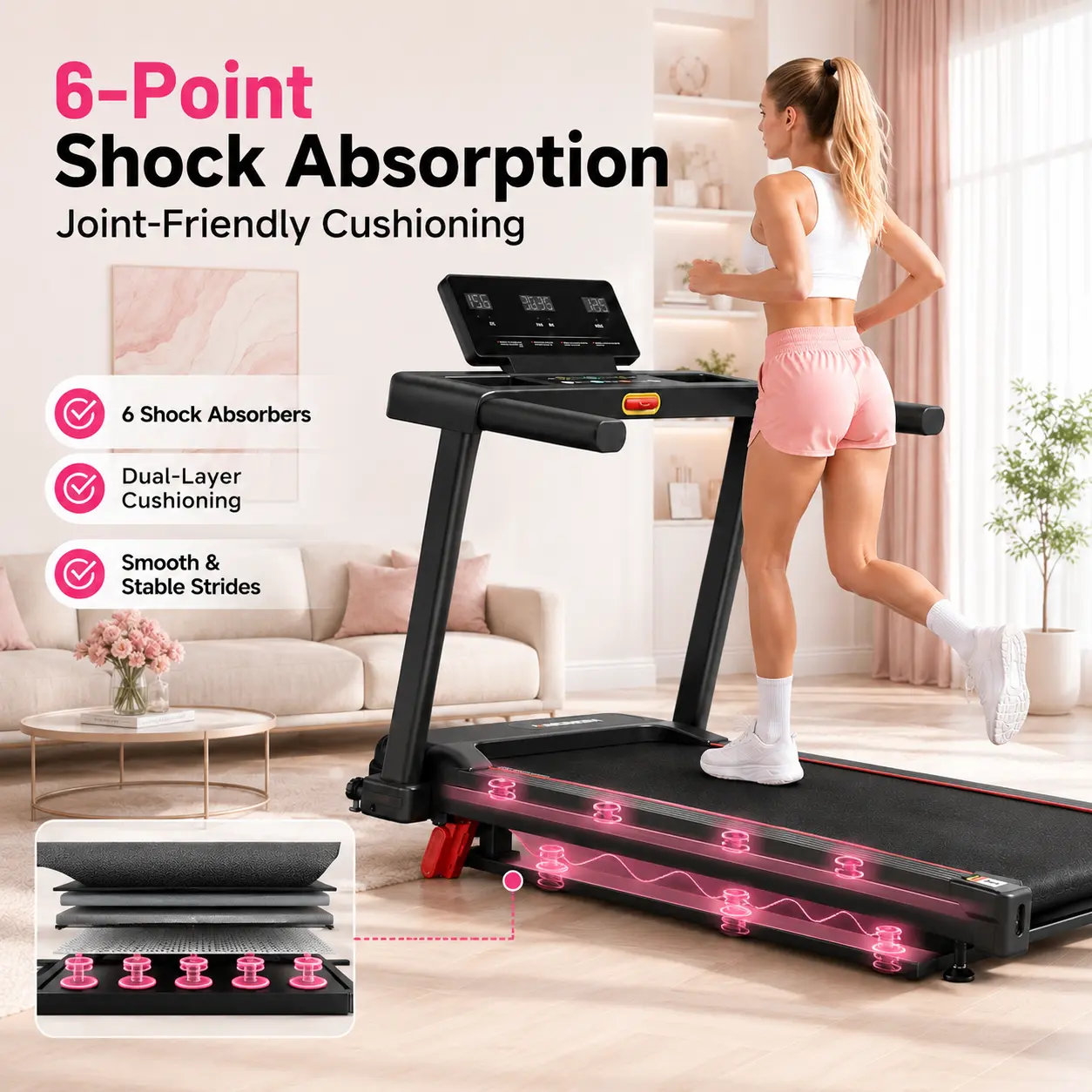JC Walking Pad Treadmill with handrails,6.2MPH Portable Folding Treadmill with Handlebar,3HP quiet treadmill, Low Noise Motor Walking Pad, LED display, Wheels for Mobility, Dual Shock Absorption, Walking Pad Home Fitness Equipment