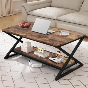 39 Inch Rustic Brown Coffee Table with Storage Shelf and Round Corner, Modern Industrial Wooden Metal Center Table for Living Room, Farmhouse Minimalist Rectangle 2 Tier Cocktail Tea Table