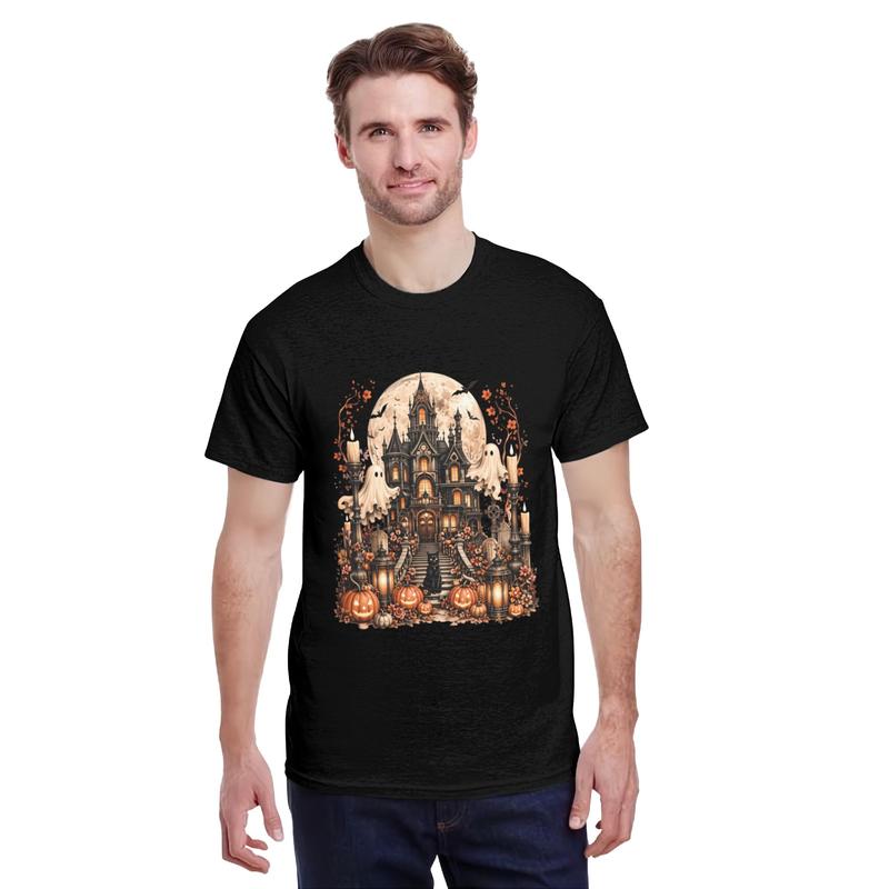 Men's Short-Sleeve Gothic Cute Printed Art T-Shirt - Soft Cotton Casual Tops with Ghost Cat, Haunted House & Moonlit Night Designs