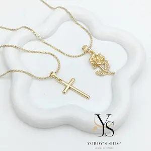 Yordy Choker Fina Unisex 14k Gold Plated High Quality 18 Inch Length Cross Pendant Necklace