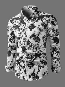 Men's All Over Print Button Front Shirt, Regular Fit Casual Long Sleeve Collared Top for Fall & Winter, Men's Clothes for Daily Wear, Button Up Shirt