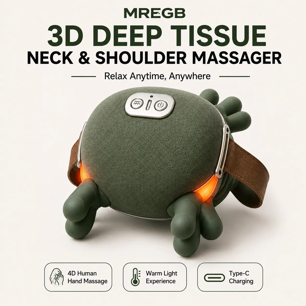 MREGB 3D Deep Tissue Neck & Shoulder Massager, Lightweight Wireless Heated Hand-Grip Kneading Muscle Relaxer, Type-C Rechargeable Acupressure Pain Relief Device with Included Charging Cable, Ideal Gift