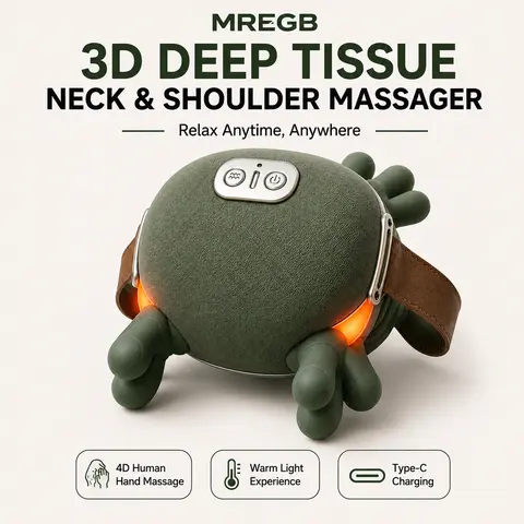 MREGB Cordless Shiatsu Neck Massager - 3D Deep Tissue Muscle Massager, Lightweight Heated Hand-Grip Kneading Relaxer, Type-C Rechargeable Acupressure Device for Neck and Back Pain Relief, Self Care Gadget with Charging Cable, Ideal Gift, Deep Tissue Muscl