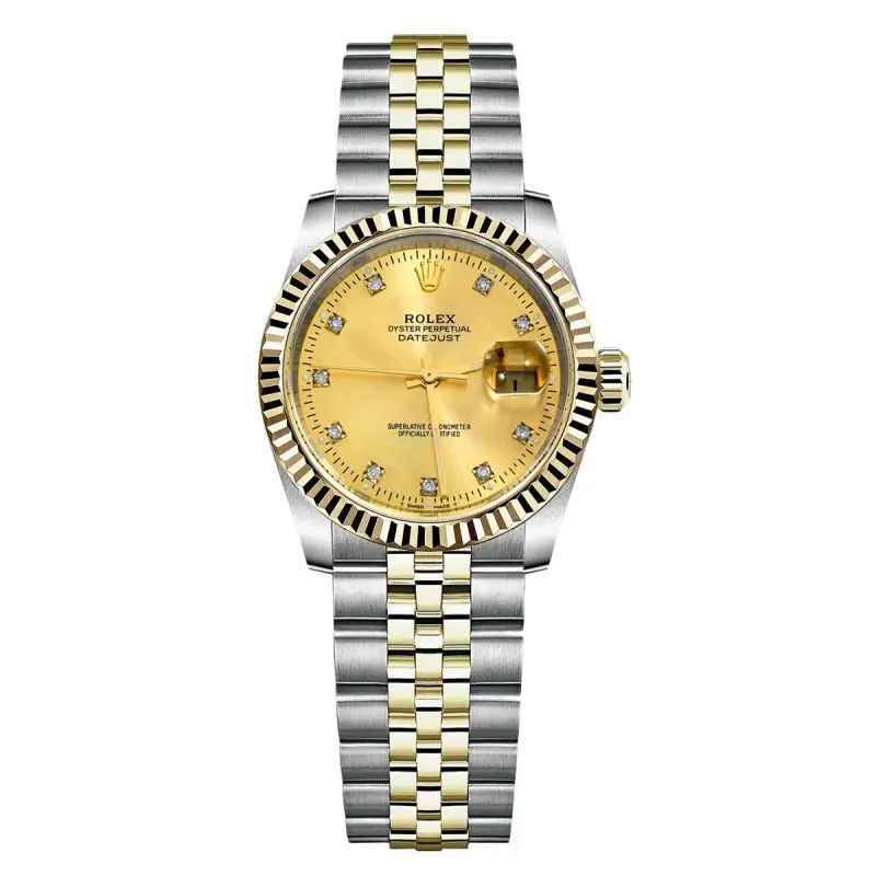 Rolex Datejust 36mm 16233 Automatic Two-Tone 18K Yellow Gold Fluted Bezel Aftermarket Gold Diamond Dial Jubilee Ladies Watch WHP042099