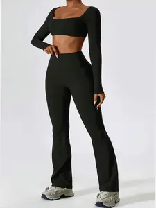 Women's Solid Square Neck Long Sleeve Crop Top & High Waist Flare Leg Pants, Workout Sets Women, High Stretch Comfy Breathable Two-piece Outfits for Yoga Gym Workout Running, Ladies' Quick-Drying Clothes for All Seasons