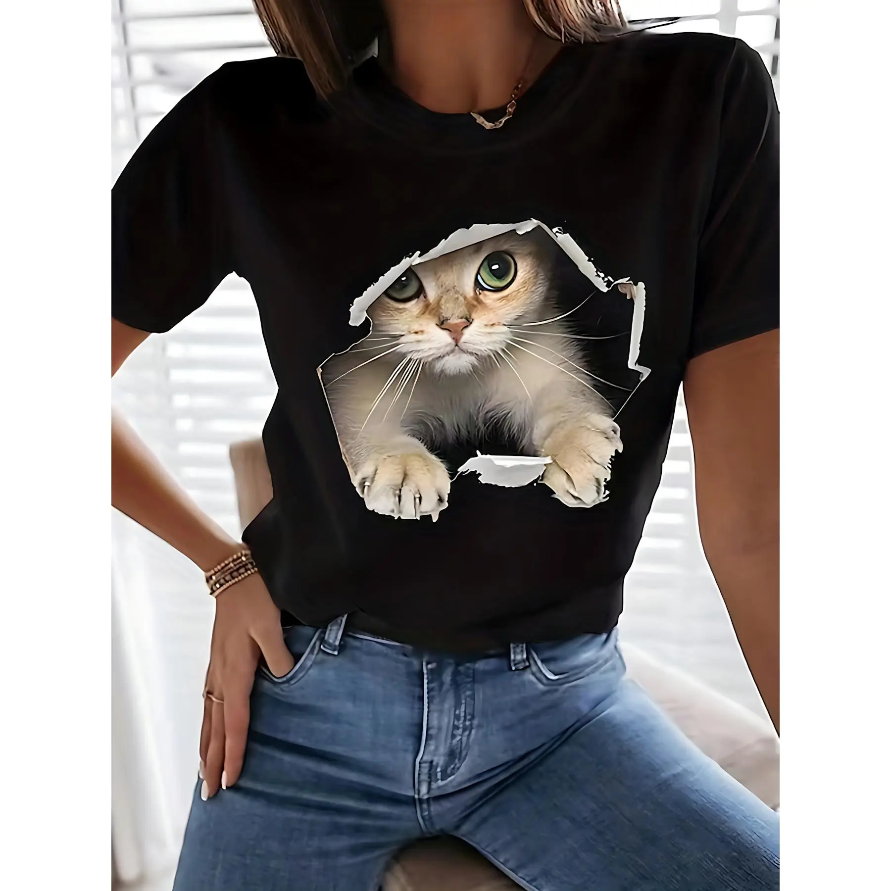 Women's 3D Cat Graphic Print T-Shirt - Fitted Round Neck Short Sleeve, Soft Stretchy Lightweight Polyester Blend, All Seasons Casual Streetwear Top, Christmas Gift Option