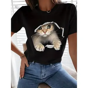Cute Cat 3D Printed Tee - Soft Stretchy Polyester blend, short sleeve, round neck - perfect for spring/summer/fall - machine washable, seasonal chic | stretchy tee | comfortable fit Top Womenswear
