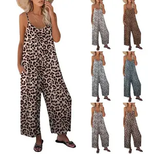 Summer New Women's Casual Sleeveless Jumpsuit Leopard Print Pocket Loose Strap Overall Baggy Hippie Overalls Womenswear Trouser