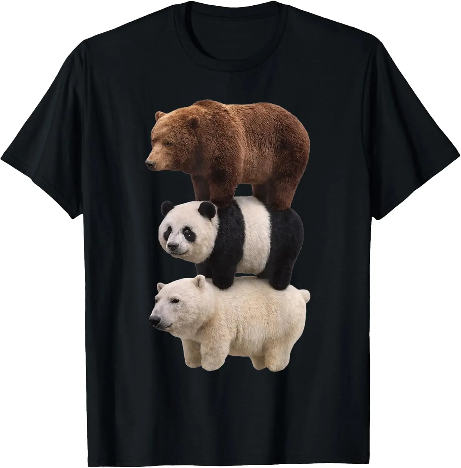 Men's Regular Fit Short-Sleeve Round Neck Realistic Stacked Bears Meme Graphic T-Shirt - Casual Cotton Menswear Fabric Streetwear Essential Top