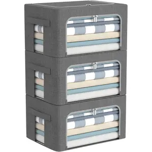 3Pack Foldable Storage Bins - Frame Storage Box Linen Fabric Stackable Clothes Container Organizer with Clear Window & Carry Handles Large Capacity (Small-22L, Dark Gray)