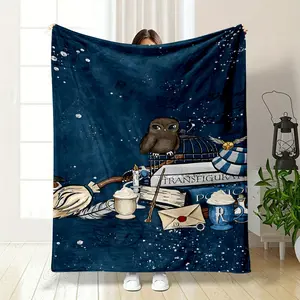 Harry Potter Themed Throw Blanket, Featuring Adorable Owl, Magic Broom, Spell Books and Hogwarts Style Mugs, Full of Wizarding World Elements. Soft and Cozy, Perfect for Fans to Snuggle Up While