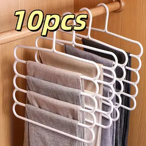 10 Pack 5-Tier Plastic Pants Hanger - Space Saving Closet Organizer with White Hooks, Multi-Functional Hanger for Pants Skirts Scarves, Durable Compact Storage for Apartment