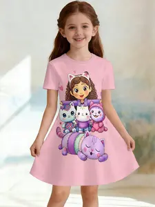 Girls' Cartoon Cat Full Print Dress, Short Sleeve A-Line Summer Casual Dress, Birthday Gift, Festival Gift, Fitted Style