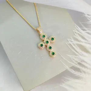 LisiZen Luxury Light Inlaid Diamond Cross Necklace Gold Silver Plated Micro-set Emerald White Zircon European American Style Unique Pendant DZXL3711