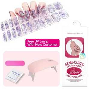 Foxynail Semi-Cured Gel Nail Sticker Kit 20/22pcs Sparkly Shining UV Gel Nail Strips with Free UV Lamp for Women Girls DIY Nail Art Decoration E-Girl Azure