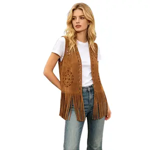 Liqucy Women's Fringe Hem Open Front Vest Cutout Sleeveless Cardigan Casual Western Style Waistcoat For Daily Vacation Festival
