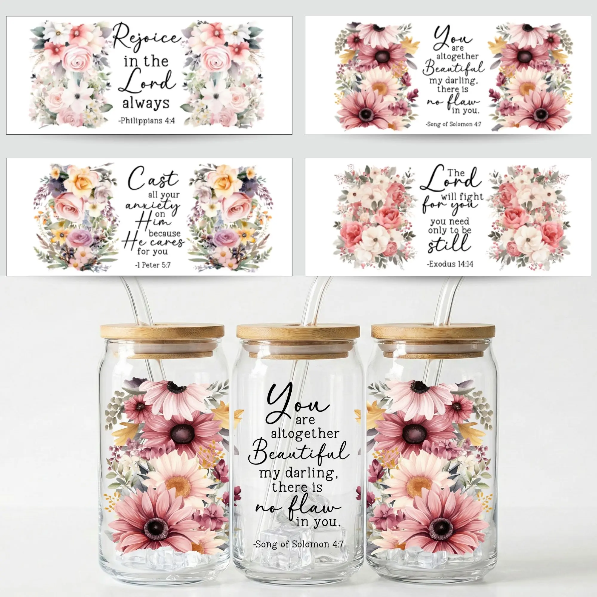 4pcs/set UV DTF Cup Wraps Decals, Cup Stickers, Waterproof Self-Adhesive Transfer Paper for Mugs & Bottles, High-Quality 3D Crystal Labels