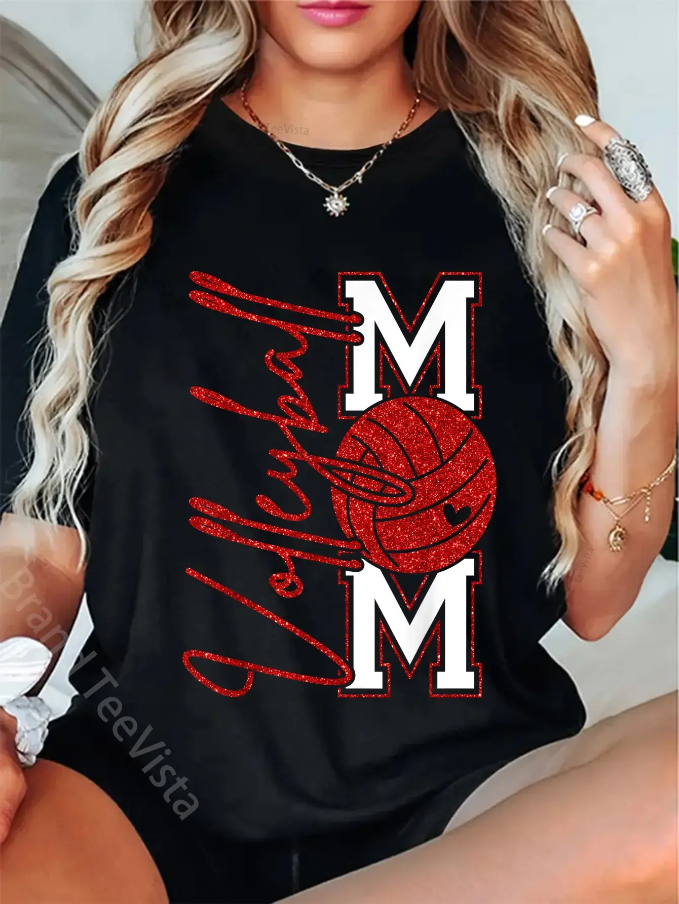 Women's Check Pattern Volleyball Mom Graphic T-Shirt - Casual Loose Fit, Short Sleeve, Round Neck Tee for Game Day, Tshirt, Casual Wear, Graphic Print, Relaxed Cut, Loose-Fitting, Everyday Fit