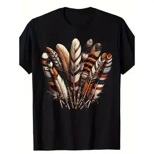 Cotton Short Sleeve  T-Shirt Southwest Native American Indian Feather T-Shirt - 180g Streetwear Casual Graphic tees