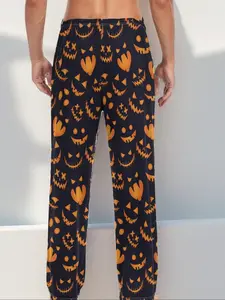 Men's Halloween Pumpkin Pattern Pajama Bottoms, Autumn Winter Sleepwear Pants, Comfortable Casual Lounge Wear for Men
