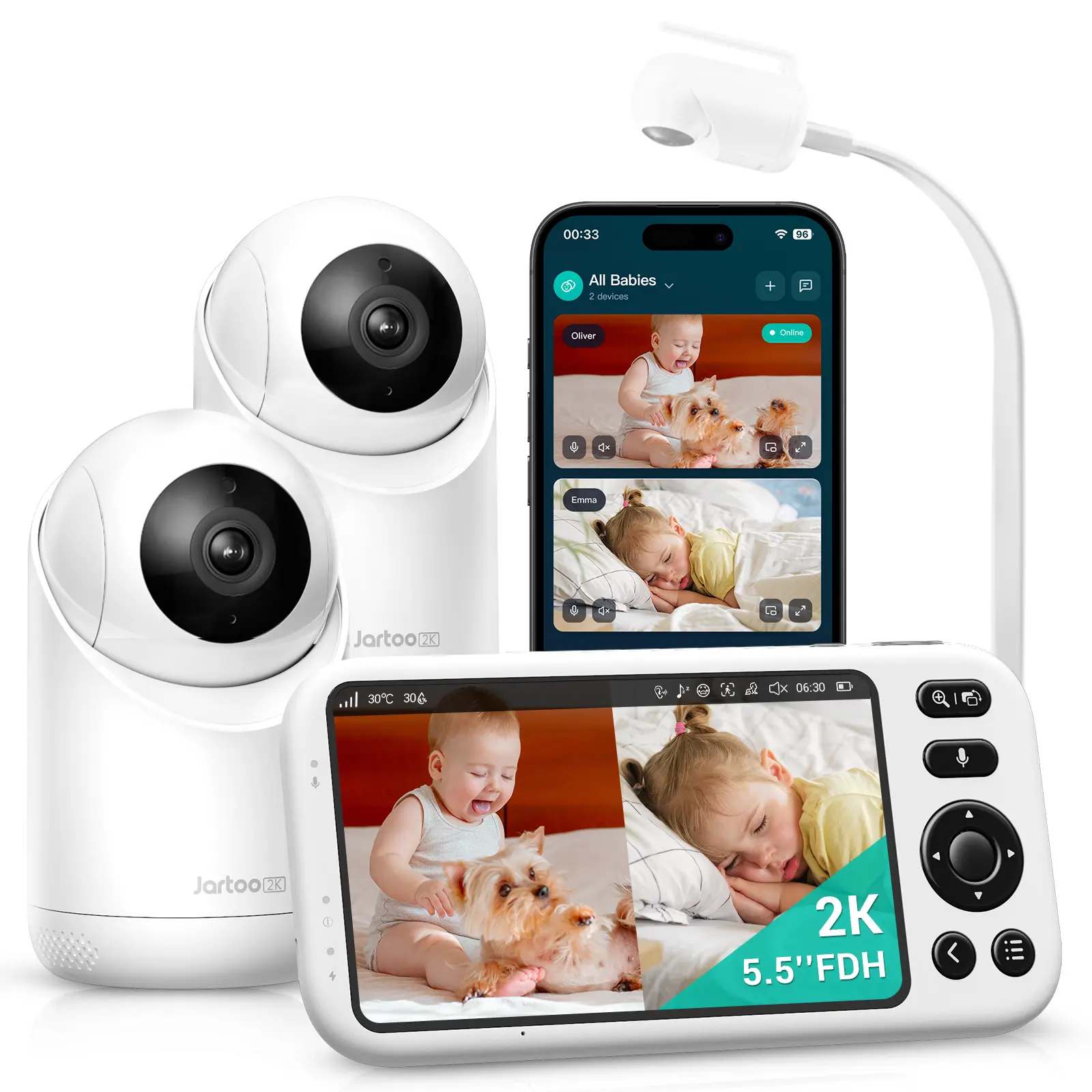 Jartoo Dual-mode Smart Baby Monitor with 2 Cameras, Clip Mount Included, 2000ft Long Range, 2K UHD Video, 5.5-Inch Display, AI-Powered Detection, Free App & 24/7 Recording, ANR