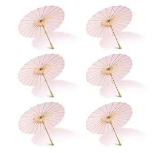 BULK PACK (6-Pack) 32 Inch Pink Paper Parasol Umbrella with Elegant Handle