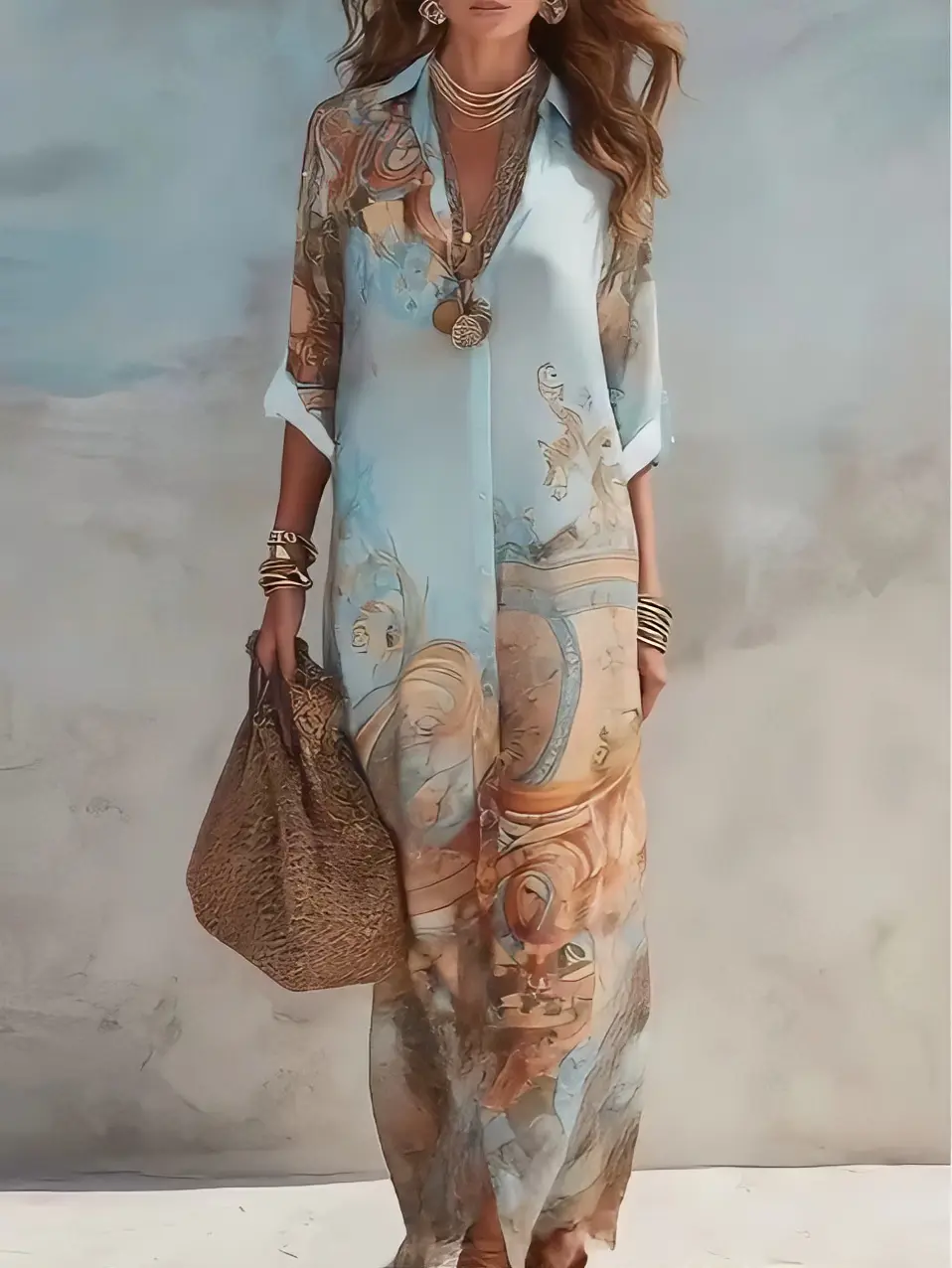 Women's new Bohemian retro print long-sleeved shirt dress, featuring a loose lapel, three-quarter sleeves, and a long skirt. Perfect for beach vacations and casual outings.