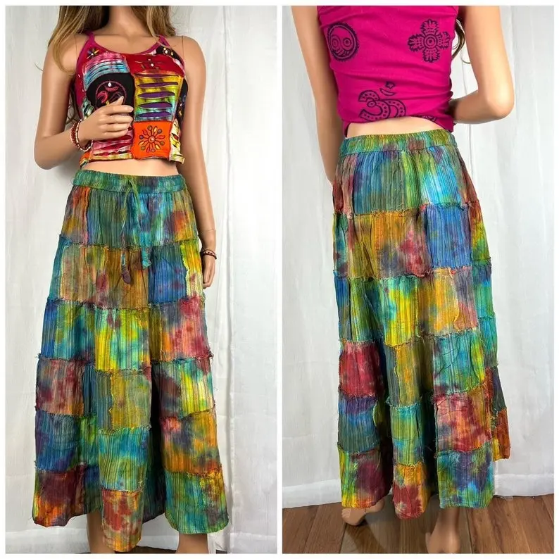 Tie Dye Patchwork Skirt, Bohemian Hippie Handmade Style, Grunge Rough Patchwork Skirt, Cottage Core , Cotton Patchwork Hippie Skirt