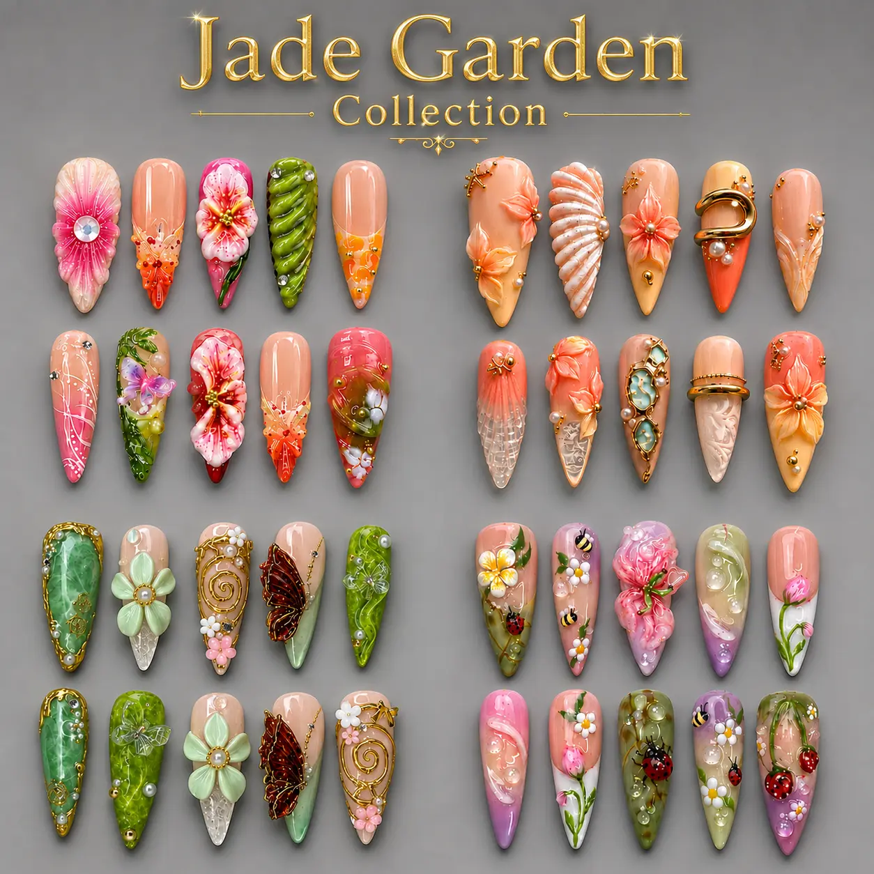 NAILCOUTURE Luxury Handmade 3D Nail Art Reusable Press On Nails | Long & Medium Almond Stiletto Square Coffin Oval Nails | Acrylic Gel Press On Nails | Summer Floral Butterfly Shell Collection | Glossy Salon Quality