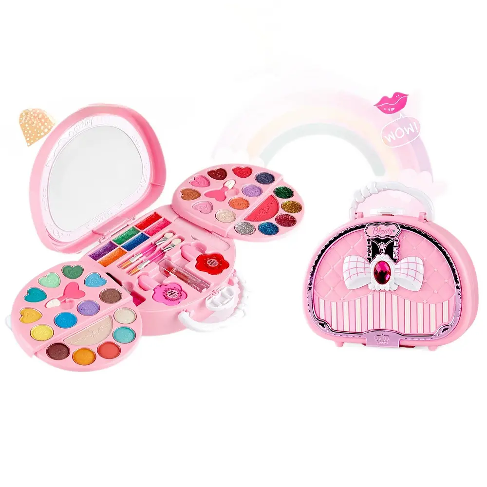 Kids Pretend Cosmetic Kit with PP Plastic Portable Handbag Case, Washable Safe Non-Toxic Cosmetics, Mirror, Brushes, Nail Polish, Lip Gloss, Playset Accessories, Toddler Pretend Play Toy for 3+ Girls, Birthday/Holiday Gifts