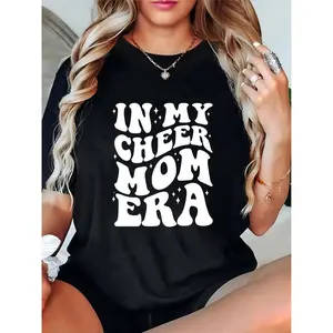 Women's Black "In My Cheer Mom Era" Star Graphic T - Shirt, Casual Short Sleeve Tee for Cheerleading Moms, Ideal for Game Days, Daily Outings & Mother's Day 100% Cotton T-shirt