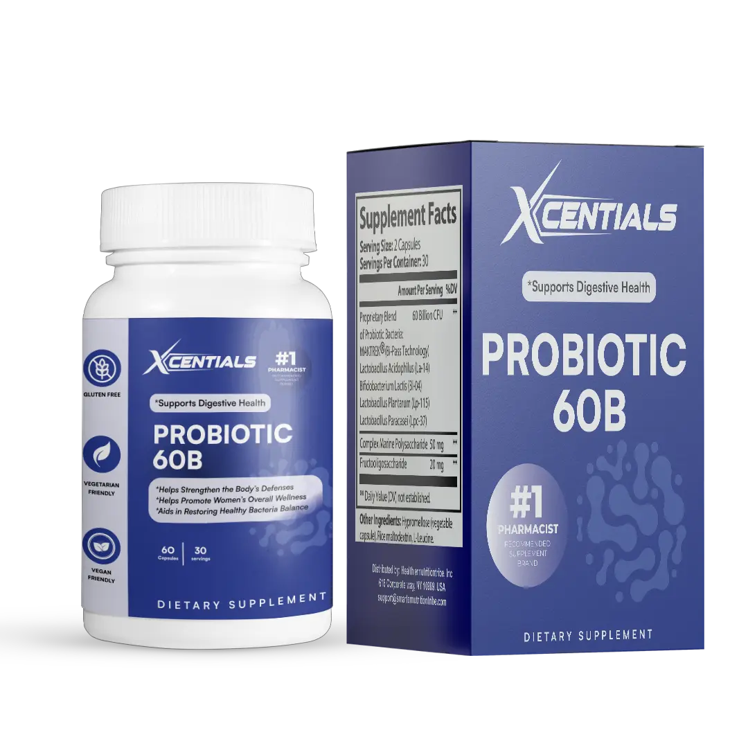 Xcentials Probiotic 60B - 60 Billion CFU for Digestive Health & Immune Support - Vegetarian Formula - US Made
