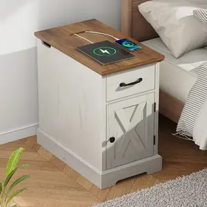 HOMMPA Farmhouse End Table with Charging Station, 23.6'' Rustic End Table w/Barn Door Roman Column Design, Skinny Side Table with Distressed Surface, Wood Sofa Side Table for Living Room Rustic White