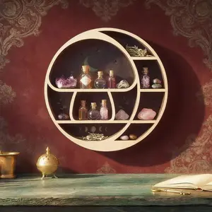 Indoor circular mushroom shaped hanging decoration, wooden crafts, hollowed out stars, moon wall hanging, crystal stone display rack, mini aromatherapy essential oil storage rack, Organiser, Decorative, Wooden wall shelf
