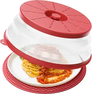 Microwave Splatter Cover & Mat, Vented Collapsible Splatter Guard dish Plate lid & Silicone Round Kitchen Mat for Food, Meal Prep, Red