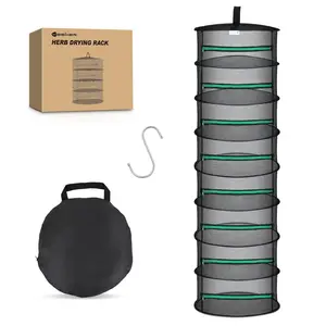 Yesker 8 Layer Herb Drying Rack Hanging Mesh Net Foldable Plant Drying Racks 24" Diameter with Green Zipper & Hook Dryer Hanging Rack for Herbs Seed Bud Fruit Clothes Grow Tent Closets Garden Outdoor