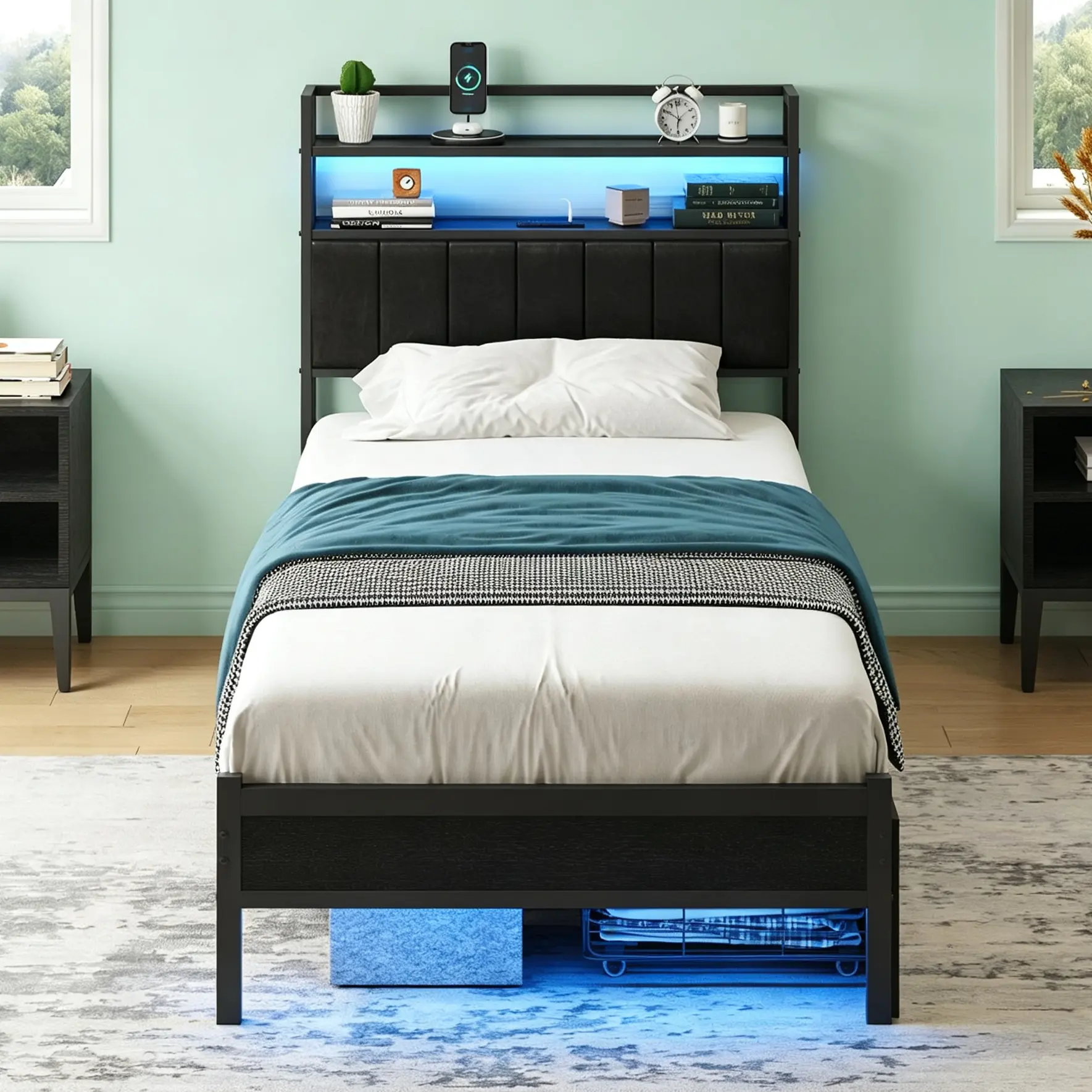 CollaredEagle Full Size Upholstered Bed Frame with LED Lights, USB Charging Station & Storage Shelves, Heavy-Duty Slats, Noise-Free, No Box Spring Needed, Modern Apartment Bedroom Furniture (Twin/Full/Queen)