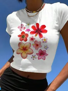 Women's Floral Print Round Neck Crop Tee, Vintage Trendy Casual Short Sleeve T-shirt For Daily Wear, Ladies Summer Outfit