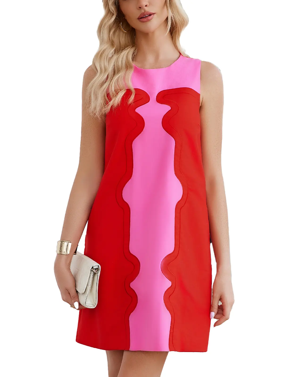 Color Block Shift Dress Sleeveless Crew Neck Mini Dresses 60s Party Vacation Sundresses with Pockets