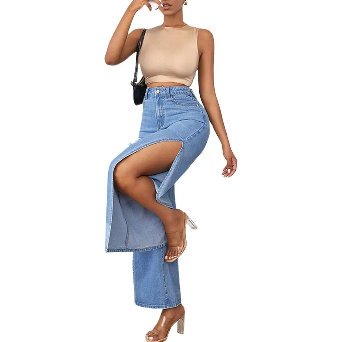 SCOMCHIC Women's High Waisted Wide Leg Ripped Jeans High Side Slit Distressed Denim Jeans Pants Relaxed Fit
